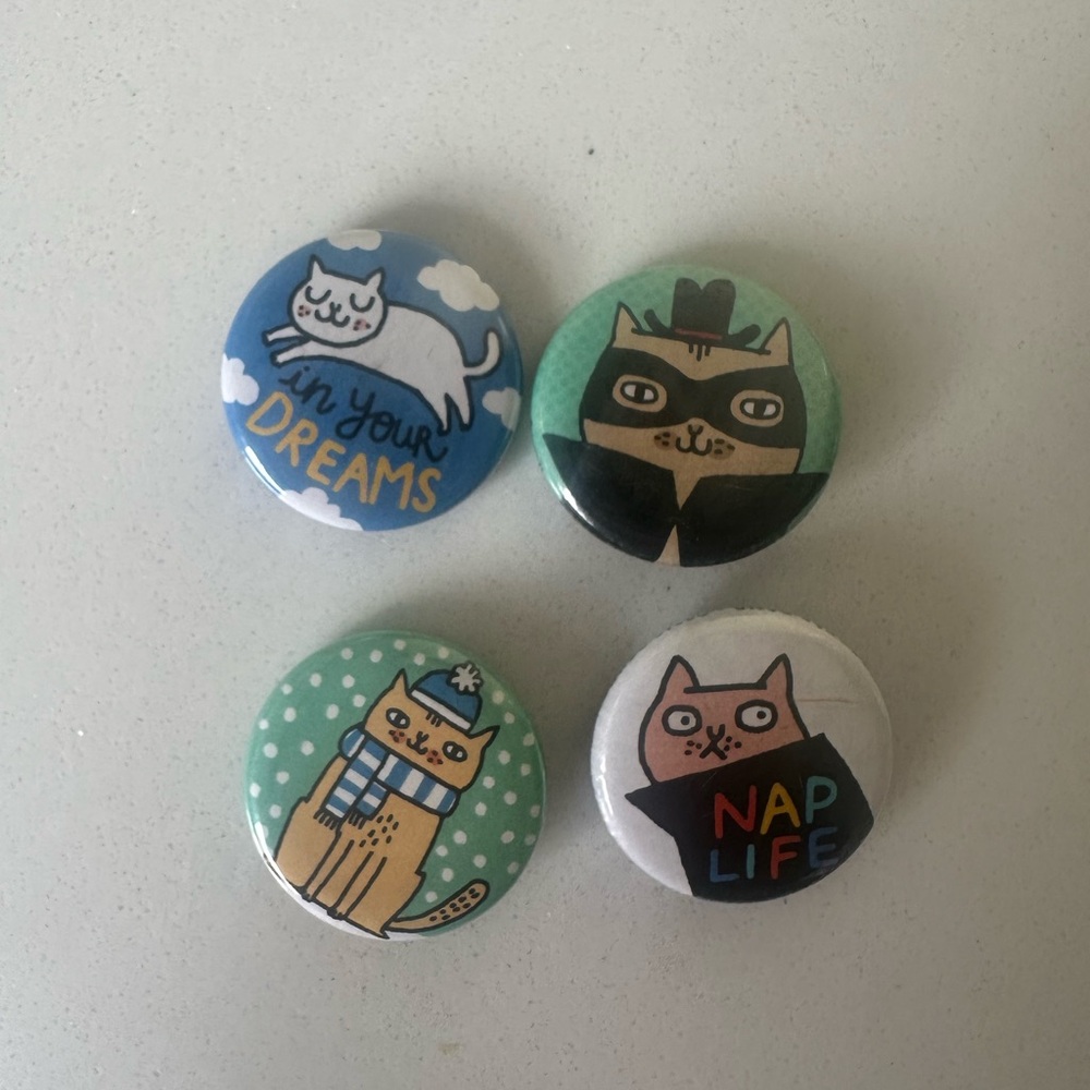 Set of 4 Cute Cat Pins - Blue, Mint, Teal, White